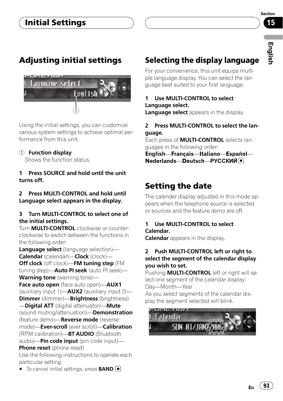 Initial settings adjusting initial settings, Selecting the display language, Setting the date | Adjusting initial settings, Initial settings | Pioneer DEH-P9800BT User Manual | Page 93 / 233