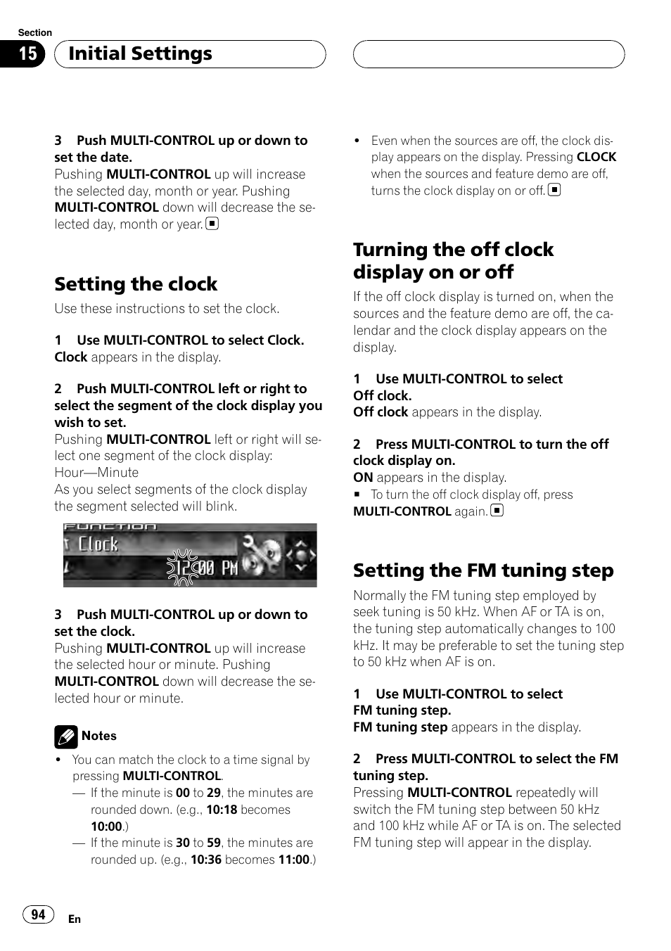 Setting the clock, Turning the off clock display on or off, Setting the fm tuning step | Initial settings | Pioneer DEH-P9800BT User Manual | Page 94 / 233