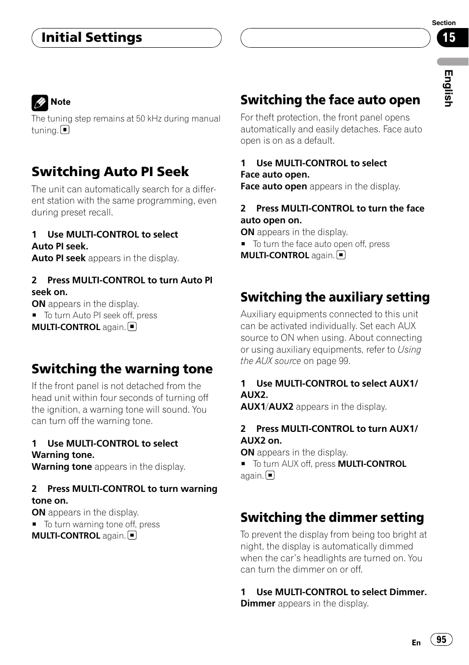 Switching auto pi seek, Switching the warning tone, Switching the face auto open | Switching the auxiliary setting, Switching the dimmer setting, Initial settings | Pioneer DEH-P9800BT User Manual | Page 95 / 233
