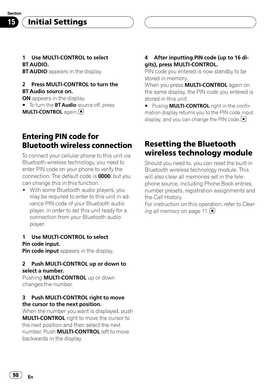 Entering pin code for bluetooth wireless, Connection, Resetting the bluetooth wireless technology | Module, Resetting the bluetooth wireless technology module, Initial settings | Pioneer DEH-P9800BT User Manual | Page 98 / 233