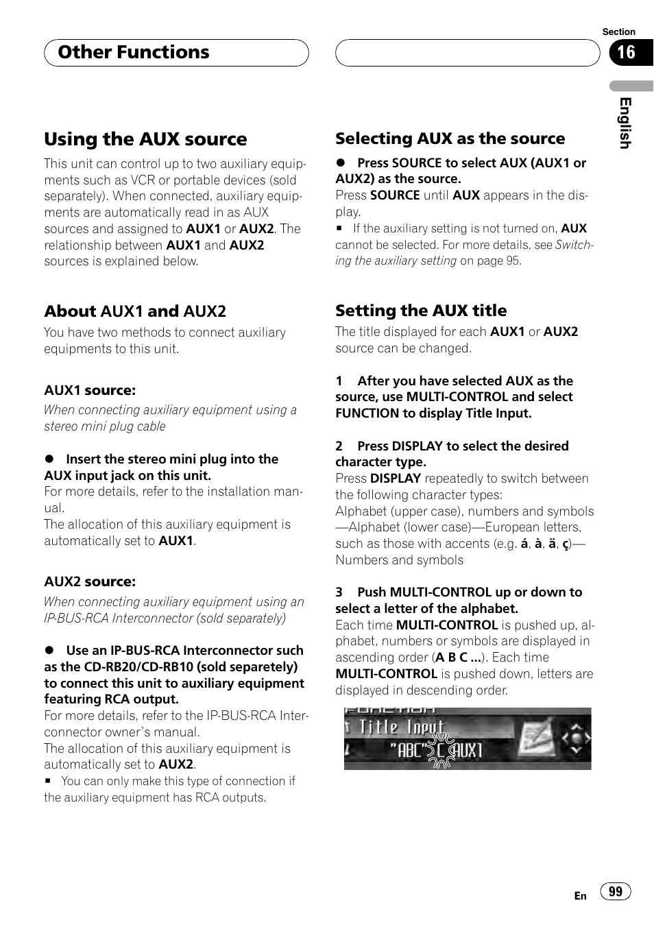 Other functions using the aux source, About aux1 and aux2 99, Selecting aux as the source 99 | Setting the aux title 99, Using the aux source, Other functions | Pioneer DEH-P9800BT User Manual | Page 99 / 233