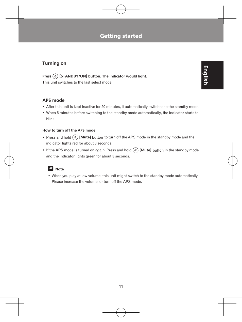 Getting started, Turning on aps mode, English | Pioneer XW-BTS1-W User Manual | Page 11 / 60