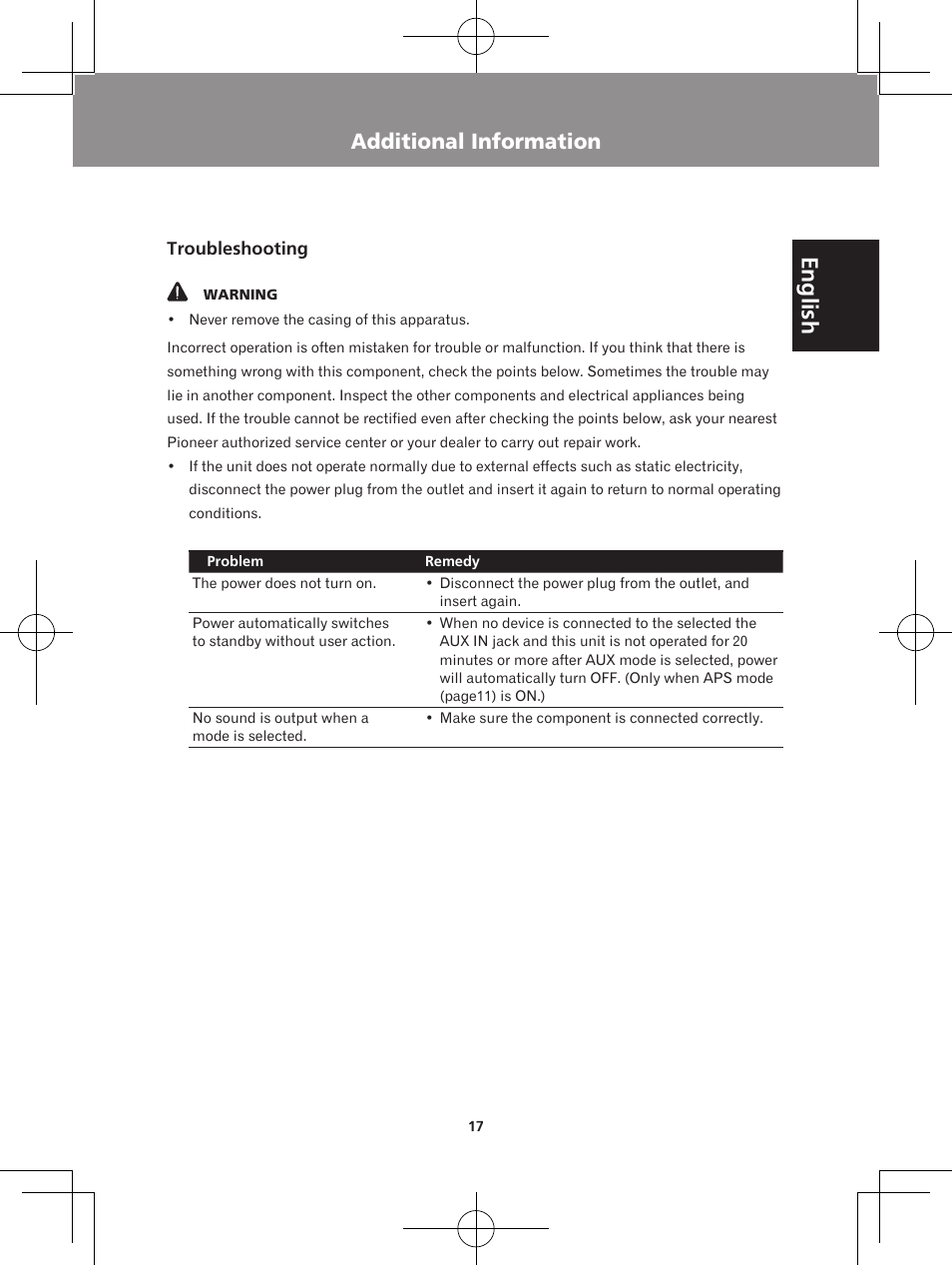 Additional information, Troubleshooting cautions on use specifications, English | Pioneer XW-BTS1-W User Manual | Page 17 / 60