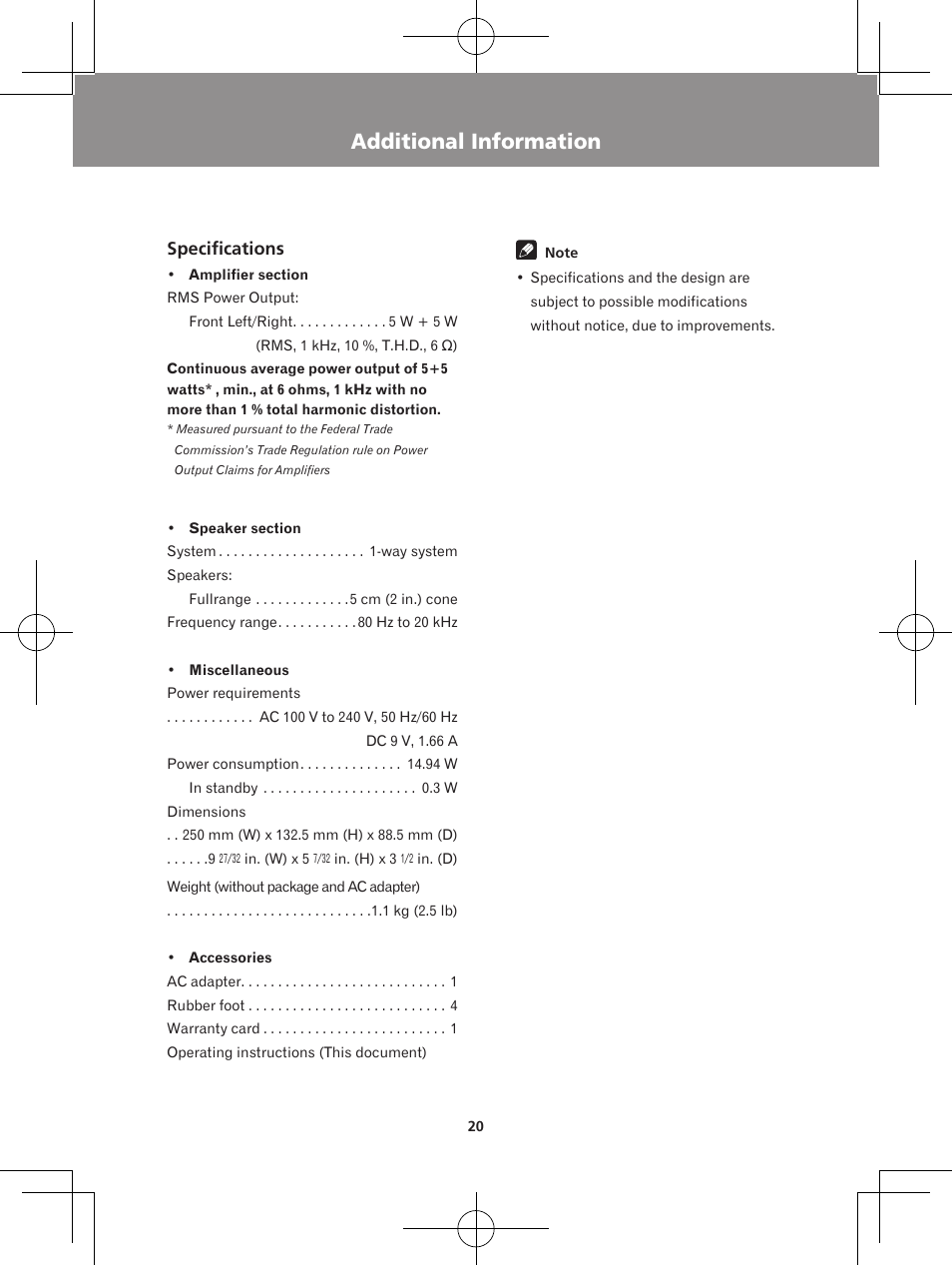 Additional information, Specifications | Pioneer XW-BTS1-W User Manual | Page 20 / 60