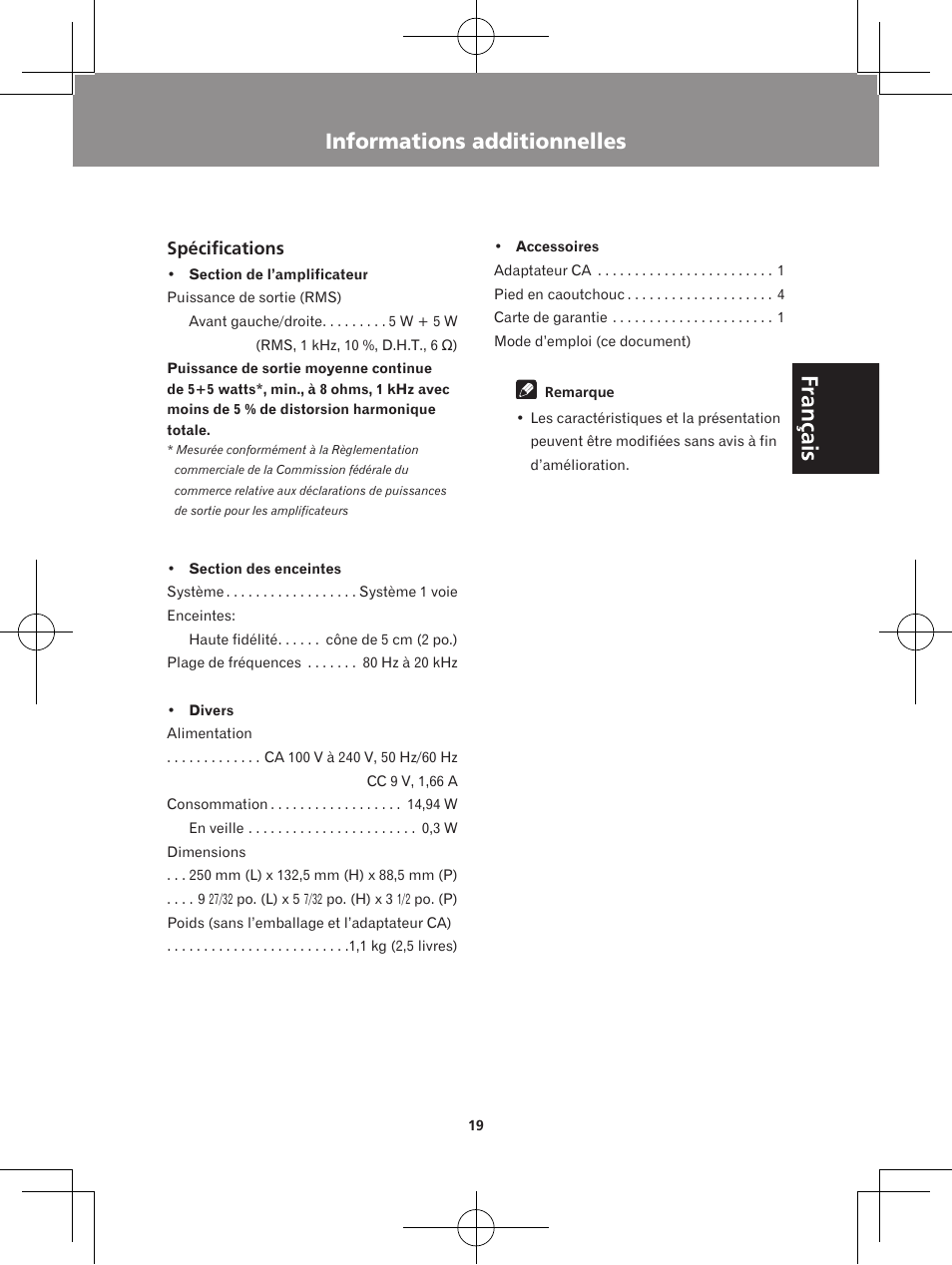 Français, Informations additionnelles | Pioneer XW-BTS1-W User Manual | Page 39 / 60