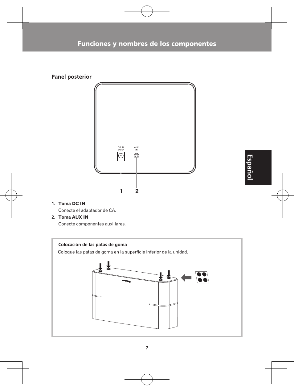 Español, Funciones y nombres de los componentes | Pioneer XW-BTS1-W User Manual | Page 45 / 60