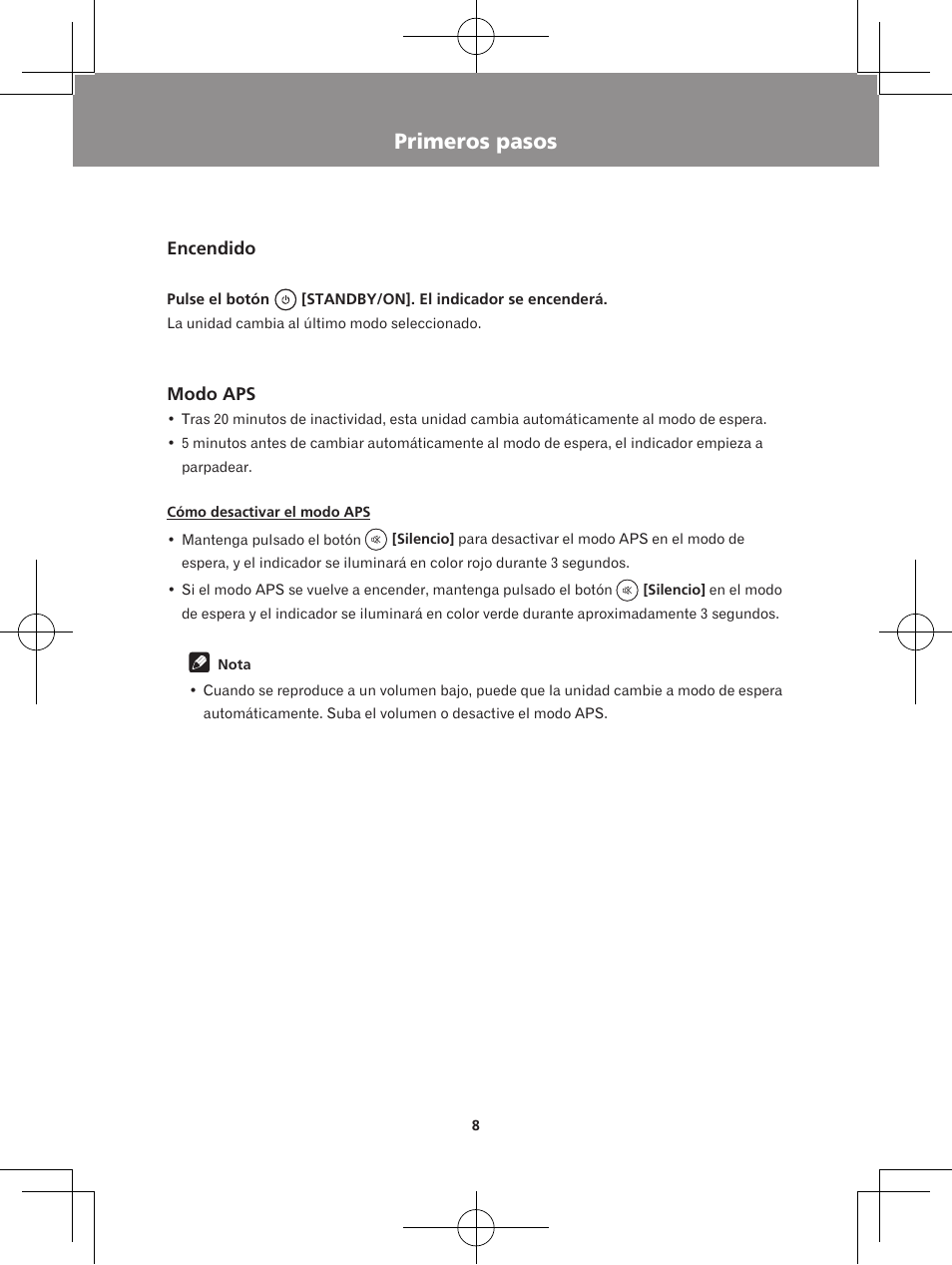 Primeros pasos, Encendido modo aps | Pioneer XW-BTS1-W User Manual | Page 46 / 60