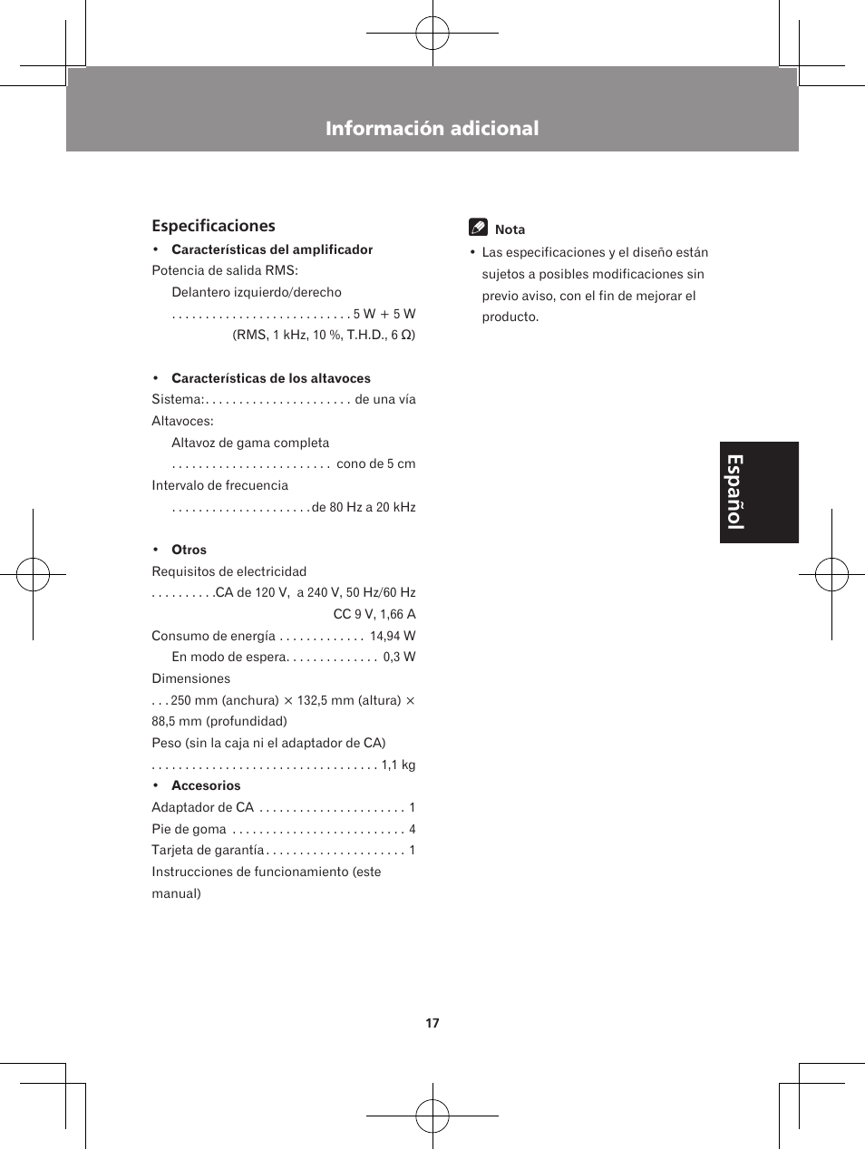 Español, Información adicional | Pioneer XW-BTS1-W User Manual | Page 55 / 60