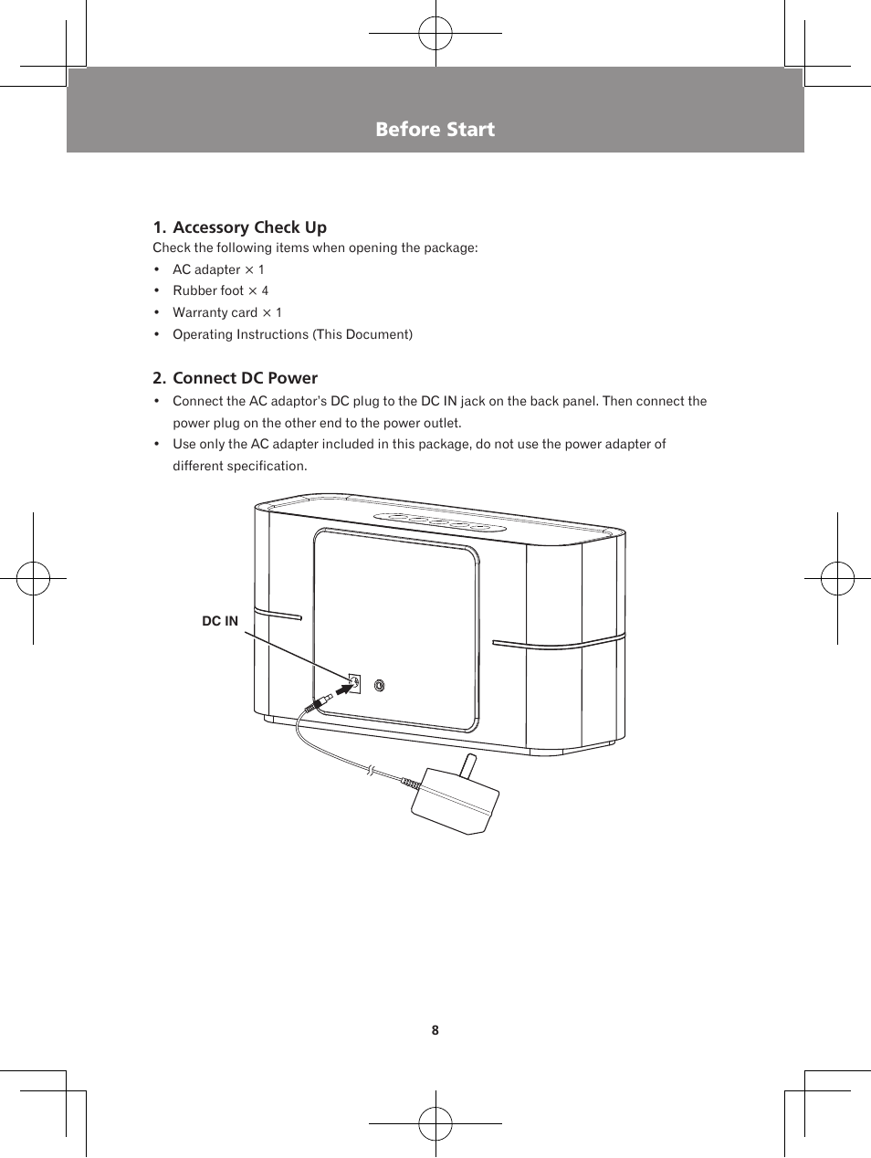 Before start, Accessory check up connect dc power | Pioneer XW-BTS1-W User Manual | Page 8 / 60
