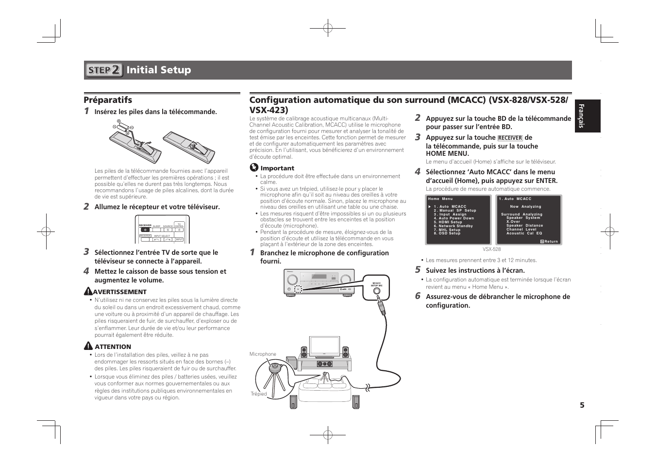 Initial setup, Préparatifs | Pioneer VSX-828-S User Manual | Page 11 / 44