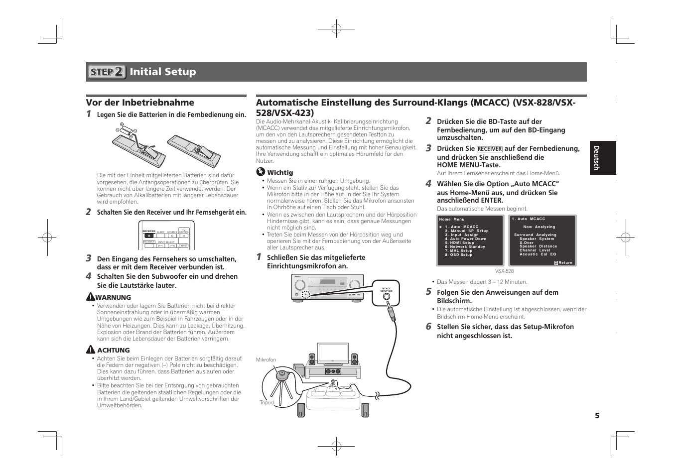 Initial setup, Vor der inbetriebnahme | Pioneer VSX-828-S User Manual | Page 17 / 44