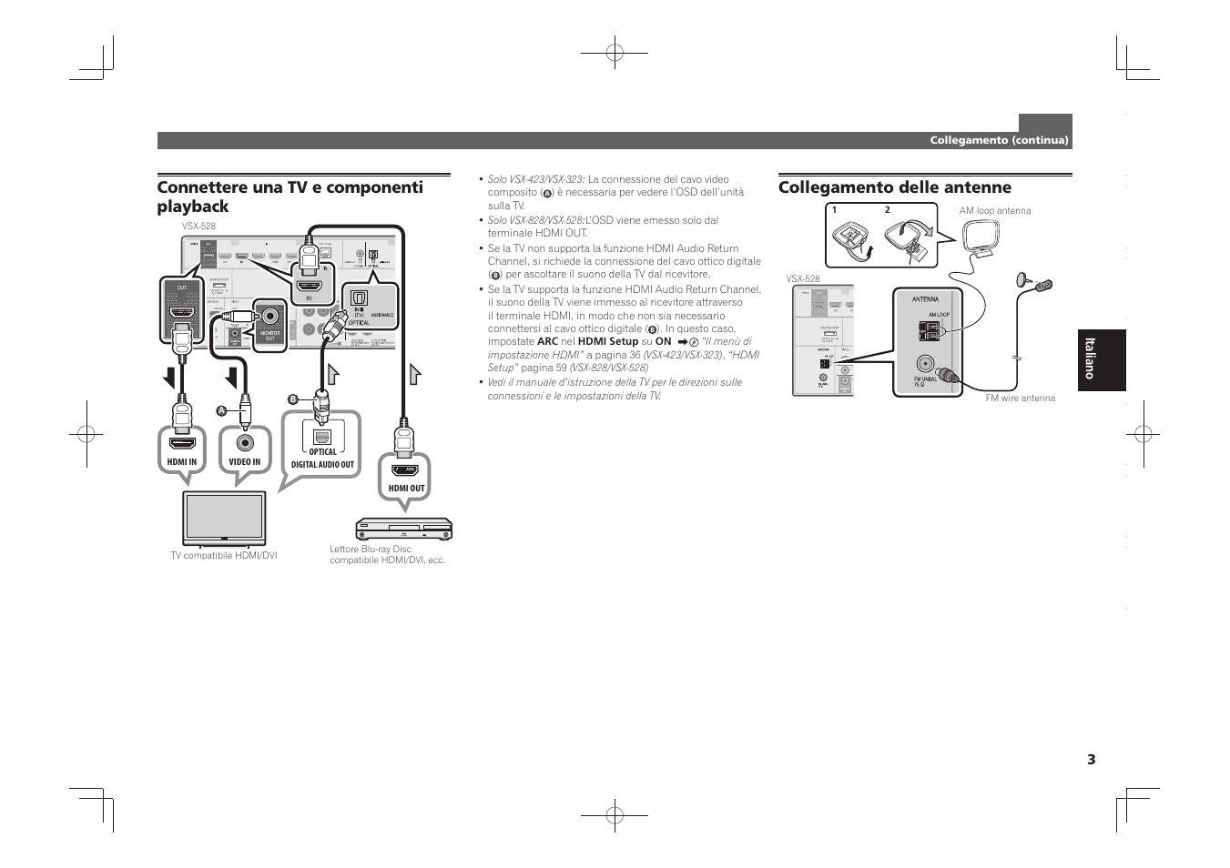 Connettere una tv e componenti playback, Collegamento delle antenne | Pioneer VSX-828-S User Manual | Page 21 / 44