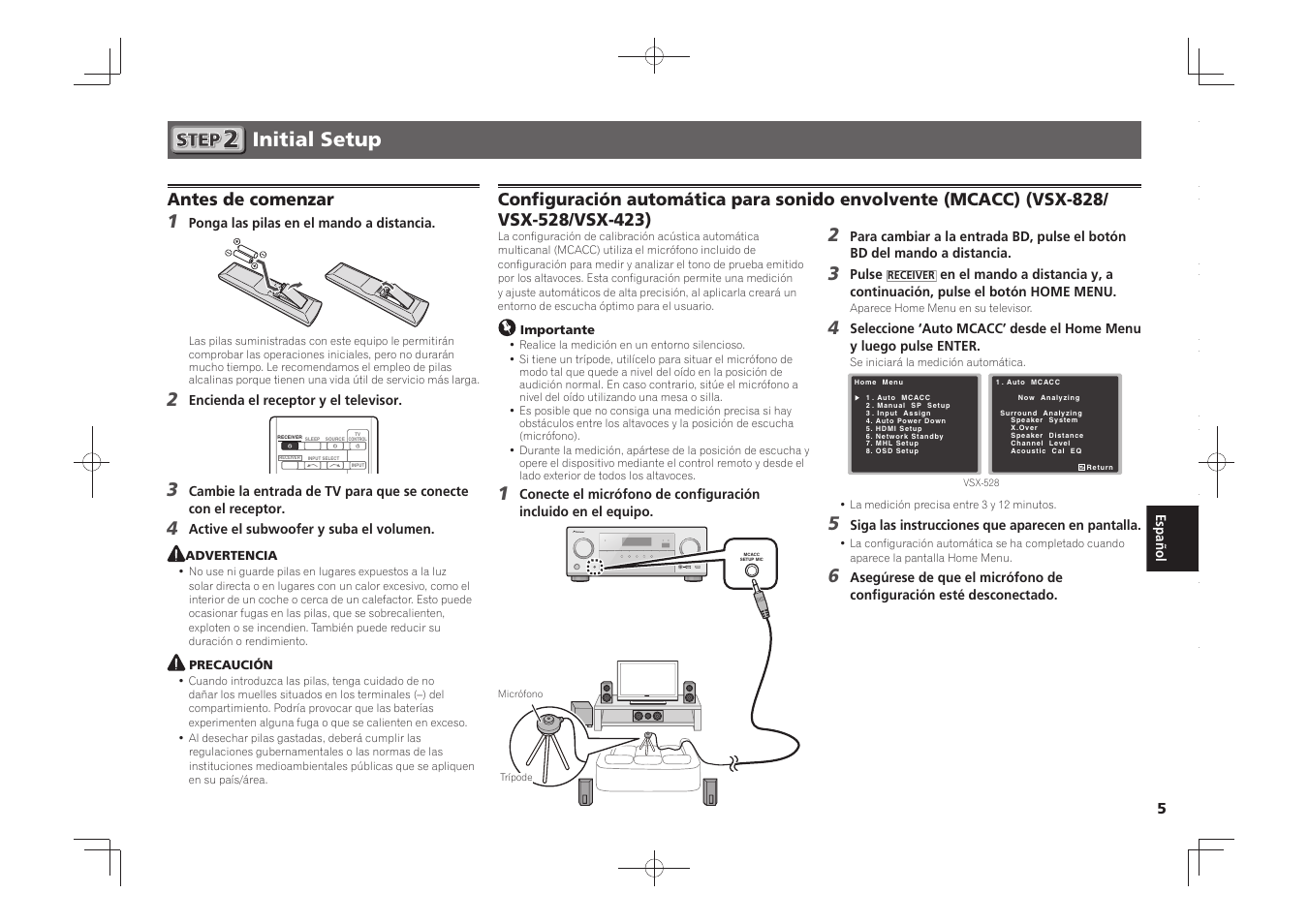 Initial setup, Antes de comenzar | Pioneer VSX-828-S User Manual | Page 35 / 44