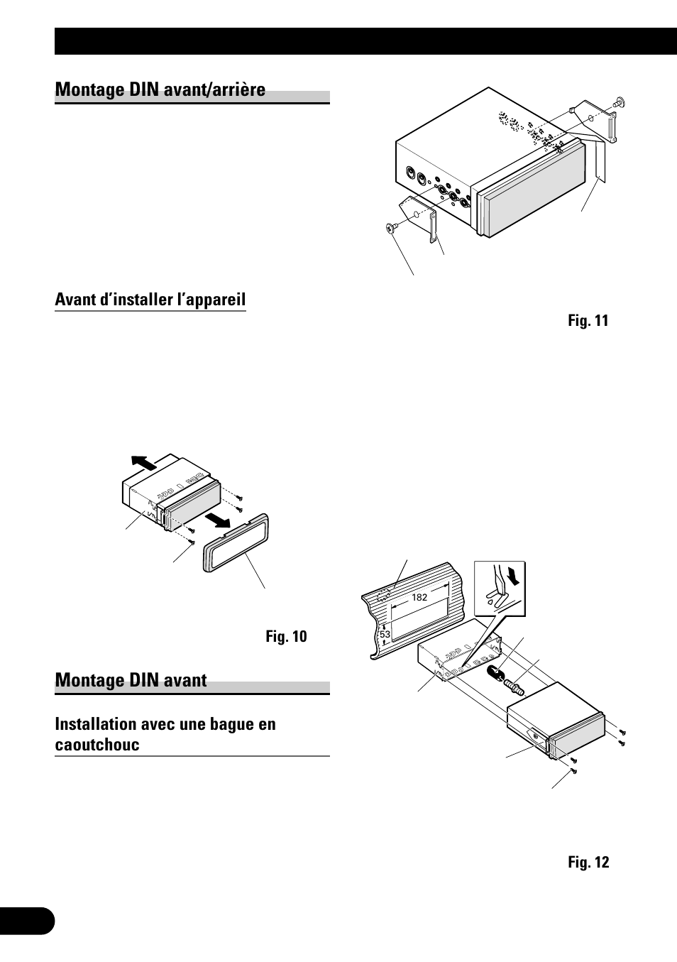 Installation, Montage din avant/arrière, Montage din avant | Avant d’installer l’appareil, Installation avec une bague en caoutchouc | Pioneer AVH-P6500DVD User Manual | Page 48 / 76