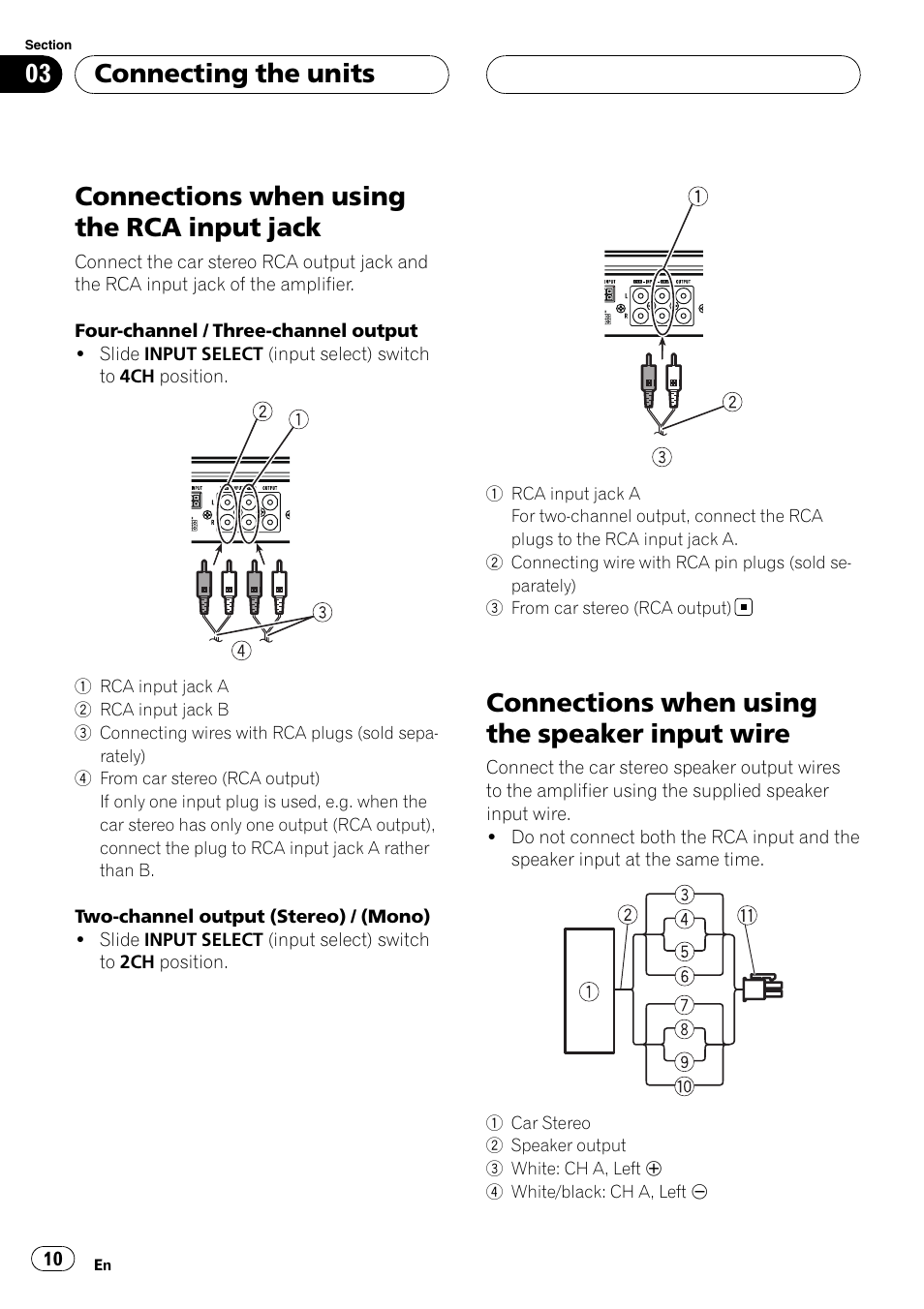 Connections when using the rca input, Jack, Connections when using the speaker input | Wire, Connections when using the rca input jack, Connections when using the speaker input wire, Connecting the units | Pioneer GM-6400F User Manual | Page 10 / 104