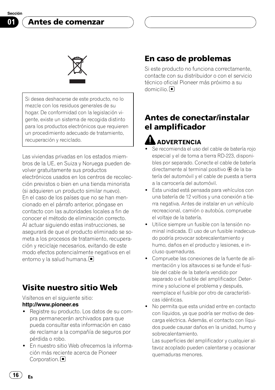 Antes de comenzar, Visite nuestro sitio web, En caso de problemas | Antes de conectar/instalar el, Amplificador, Antes de conectar/instalar el amplificador | Pioneer GM-6400F User Manual | Page 16 / 104