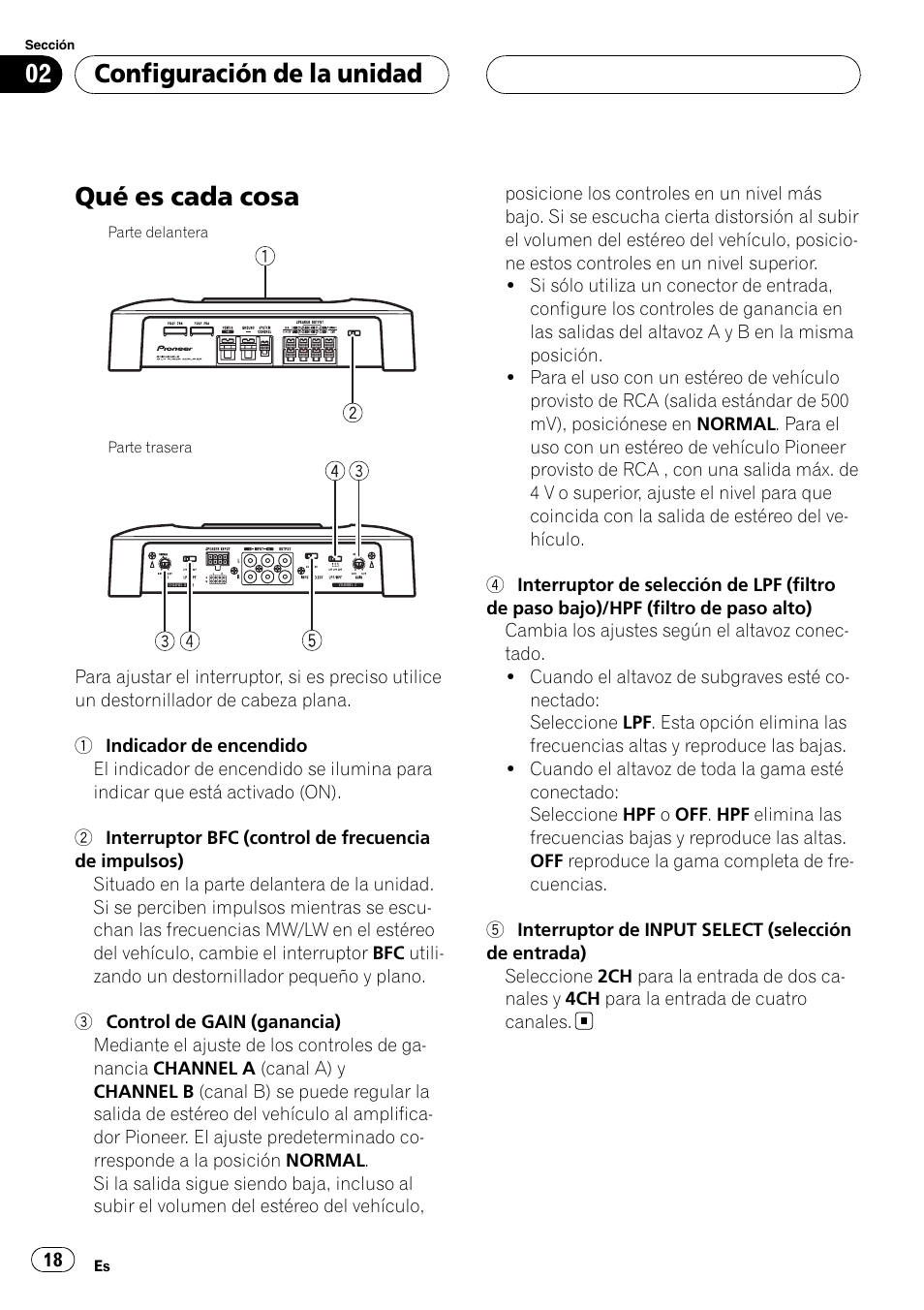 Configuración de la unidad qué es cada cosa, Qué es cada cosa, Configuración de la unidad | Pioneer GM-6400F User Manual | Page 18 / 104