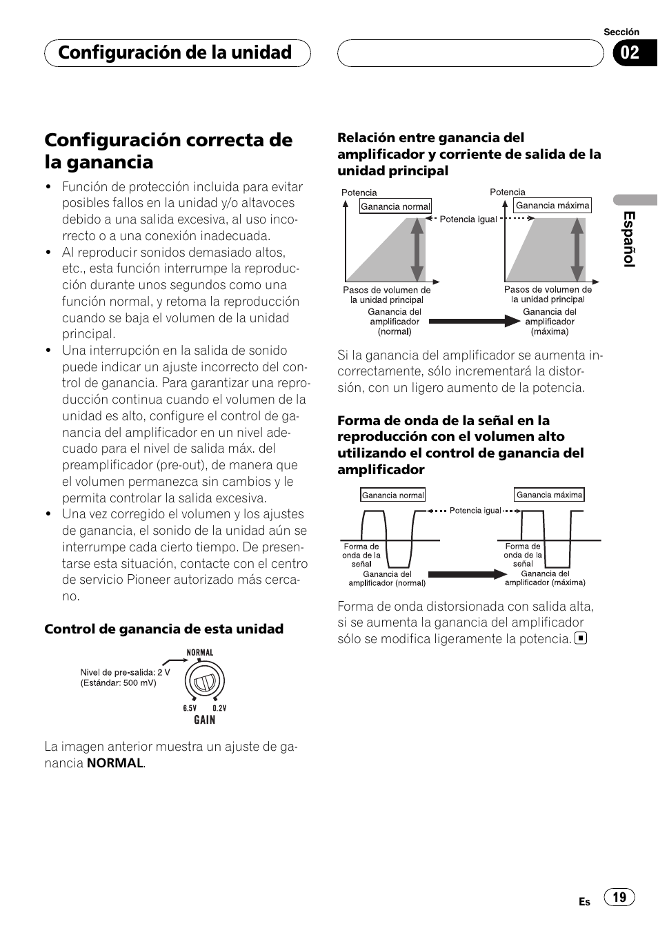 Configuración correcta de la ganancia, Configuración de la unidad | Pioneer GM-6400F User Manual | Page 19 / 104