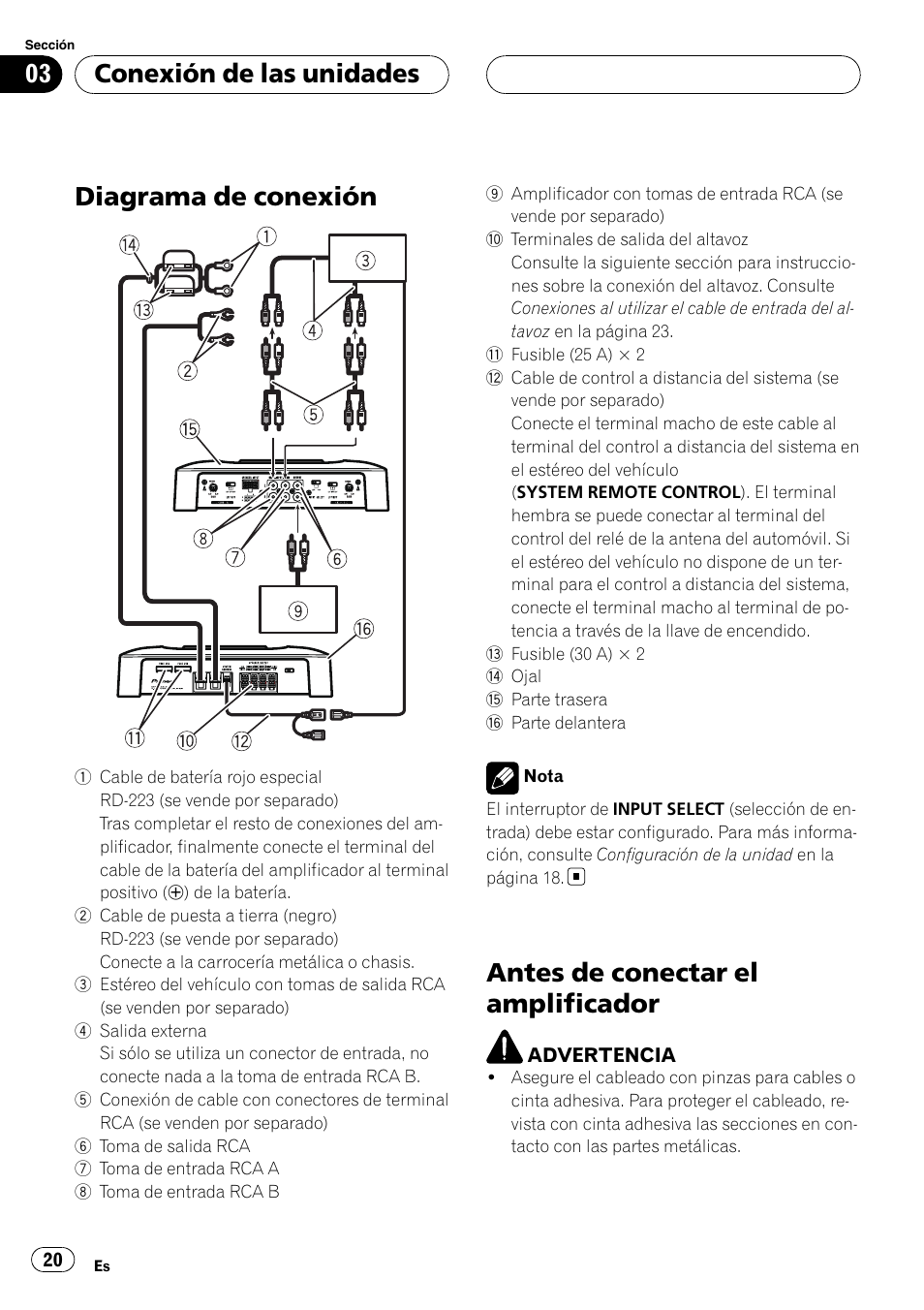 Conexión de las unidades diagrama de conexión, Antes de conectar el amplificador, Diagrama de conexión | Conexión de las unidades | Pioneer GM-6400F User Manual | Page 20 / 104