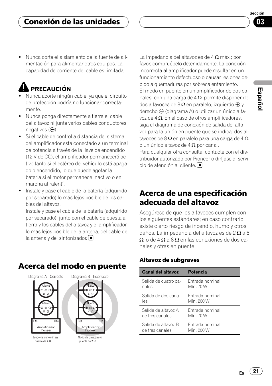 Acerca del modo en puente, Acerca de una especificación adecuada del, Altavoz | Acerca de una especificación adecuada del altavoz, Conexión de las unidades | Pioneer GM-6400F User Manual | Page 21 / 104