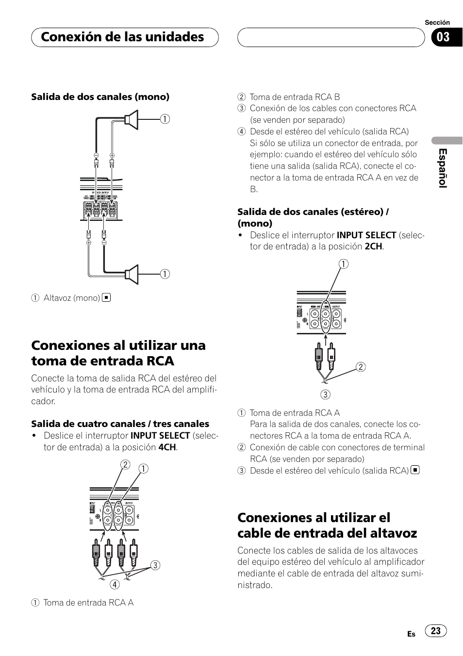 Conexiones al utilizar una toma de entrada, Conexiones al utilizar el cable de entrada del, Altavoz | Conexiones al utilizar una toma de entrada rca, Conexión de las unidades | Pioneer GM-6400F User Manual | Page 23 / 104