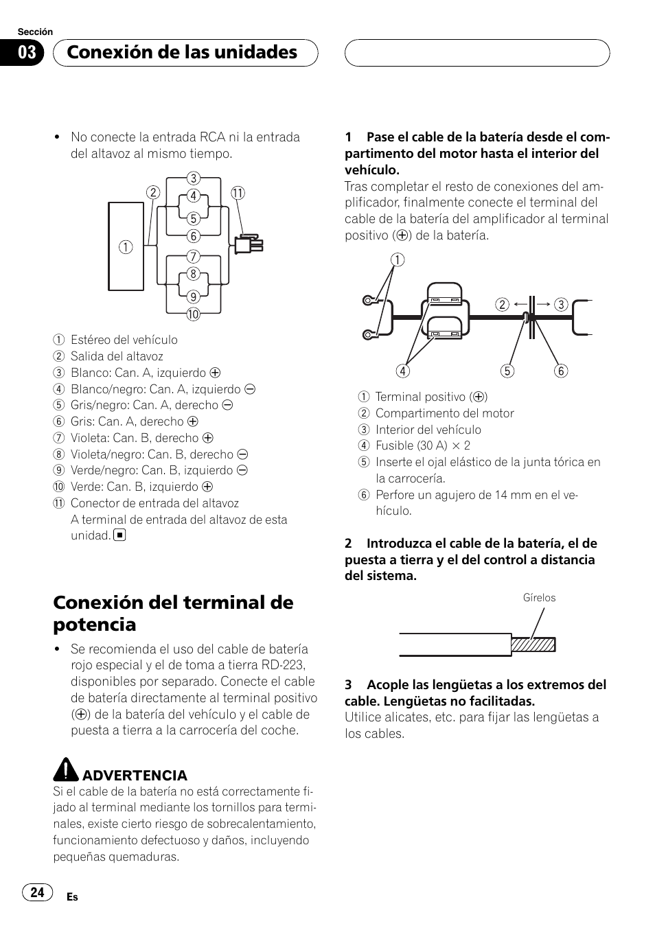 Conexión del terminal de potencia, Conexión de las unidades | Pioneer GM-6400F User Manual | Page 24 / 104