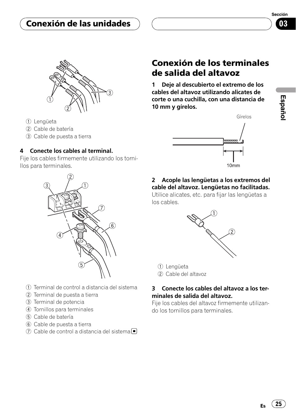 Conexión de los terminales de salida del, Altavoz, Conexión de los terminales de salida del altavoz | Conexión de las unidades | Pioneer GM-6400F User Manual | Page 25 / 104