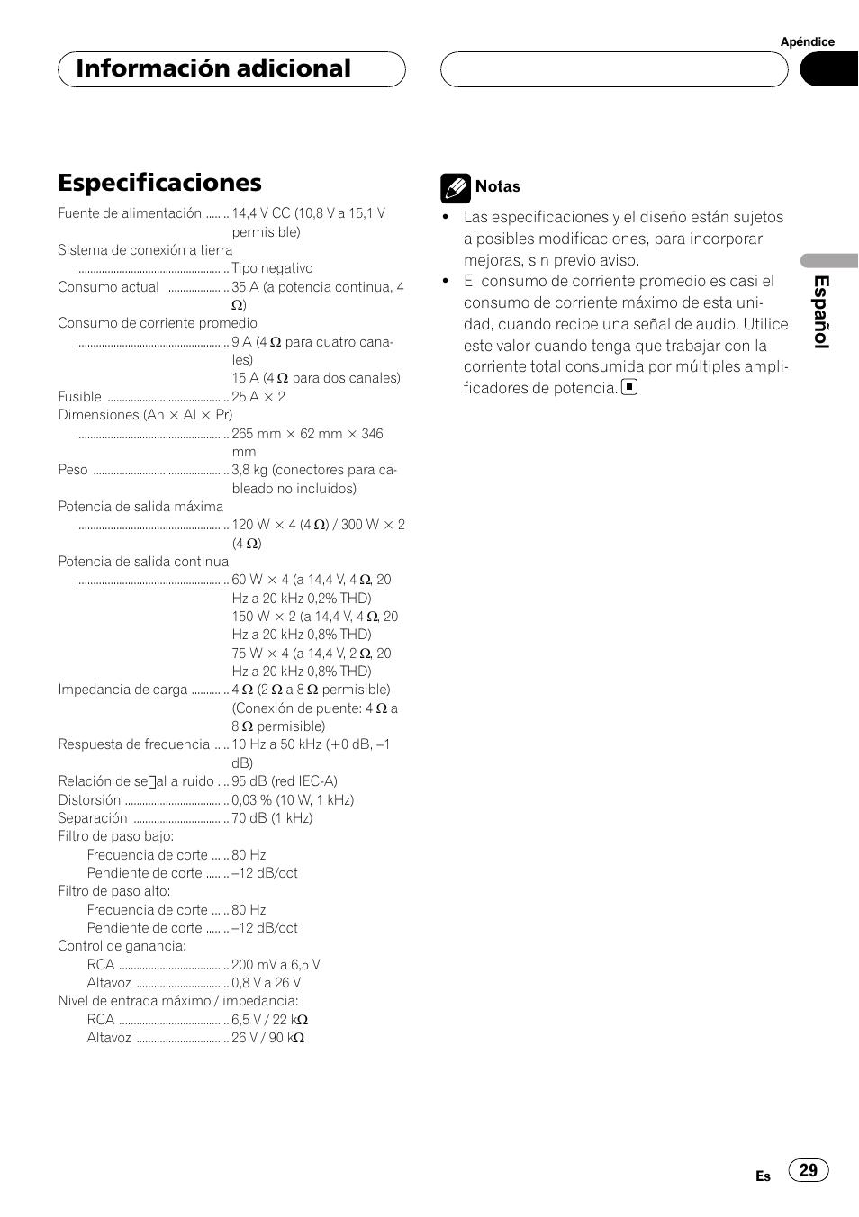 Información adicional especificaciones, Especificaciones, Información adicional | Español | Pioneer GM-6400F User Manual | Page 29 / 104