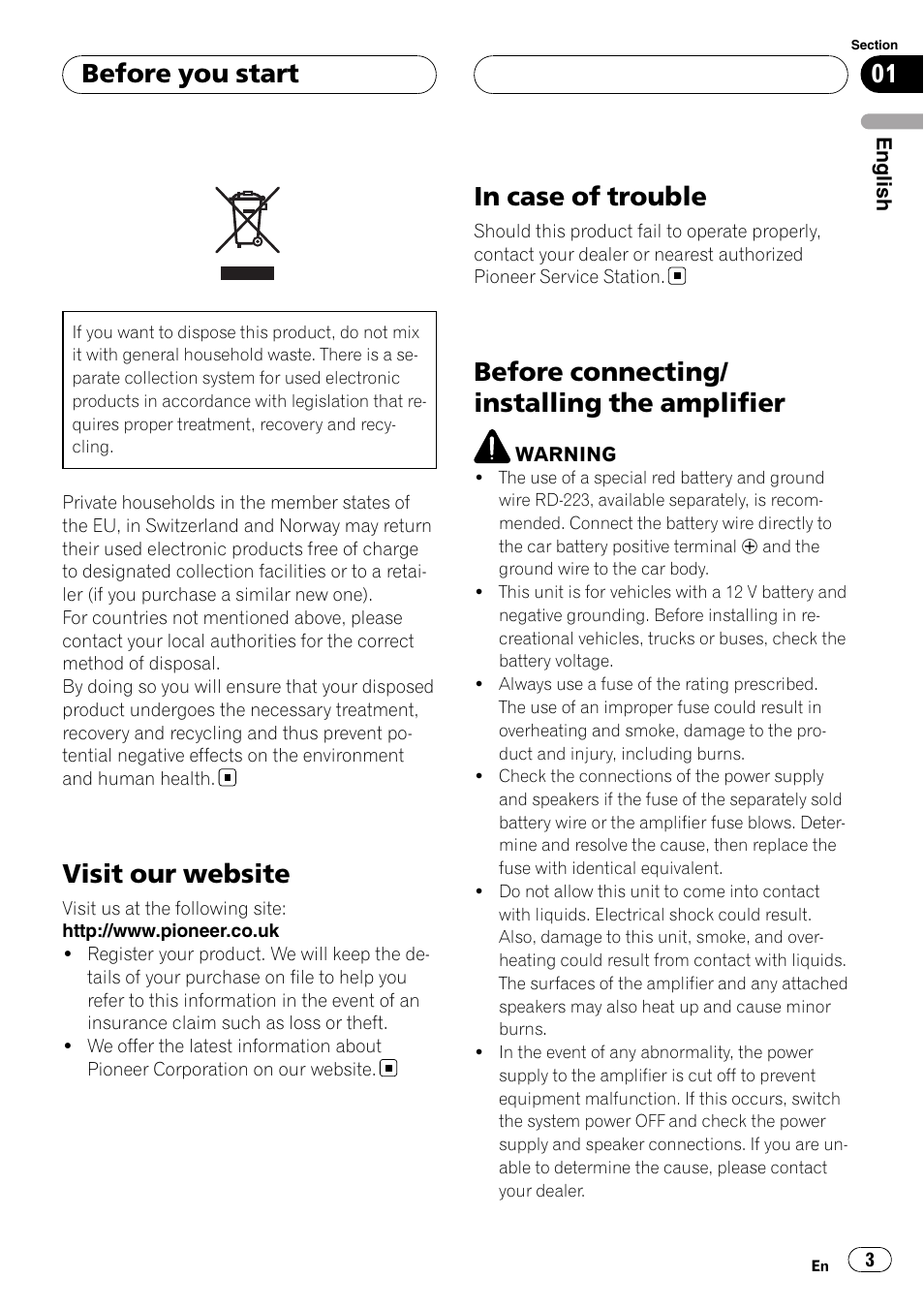 Before you start, Visit our website, In case of trouble | Before connecting/installing the amplifier, Before connecting/ installing the amplifier | Pioneer GM-6400F User Manual | Page 3 / 104