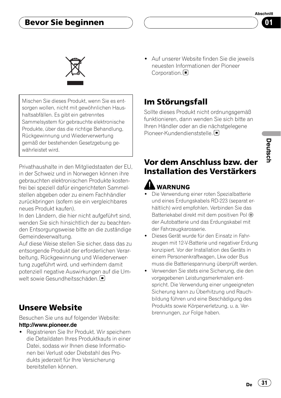 Bevor sie beginnen, Unsere website, Im störungsfall | Vor dem anschluss bzw. der installation des, Verstärkers | Pioneer GM-6400F User Manual | Page 31 / 104