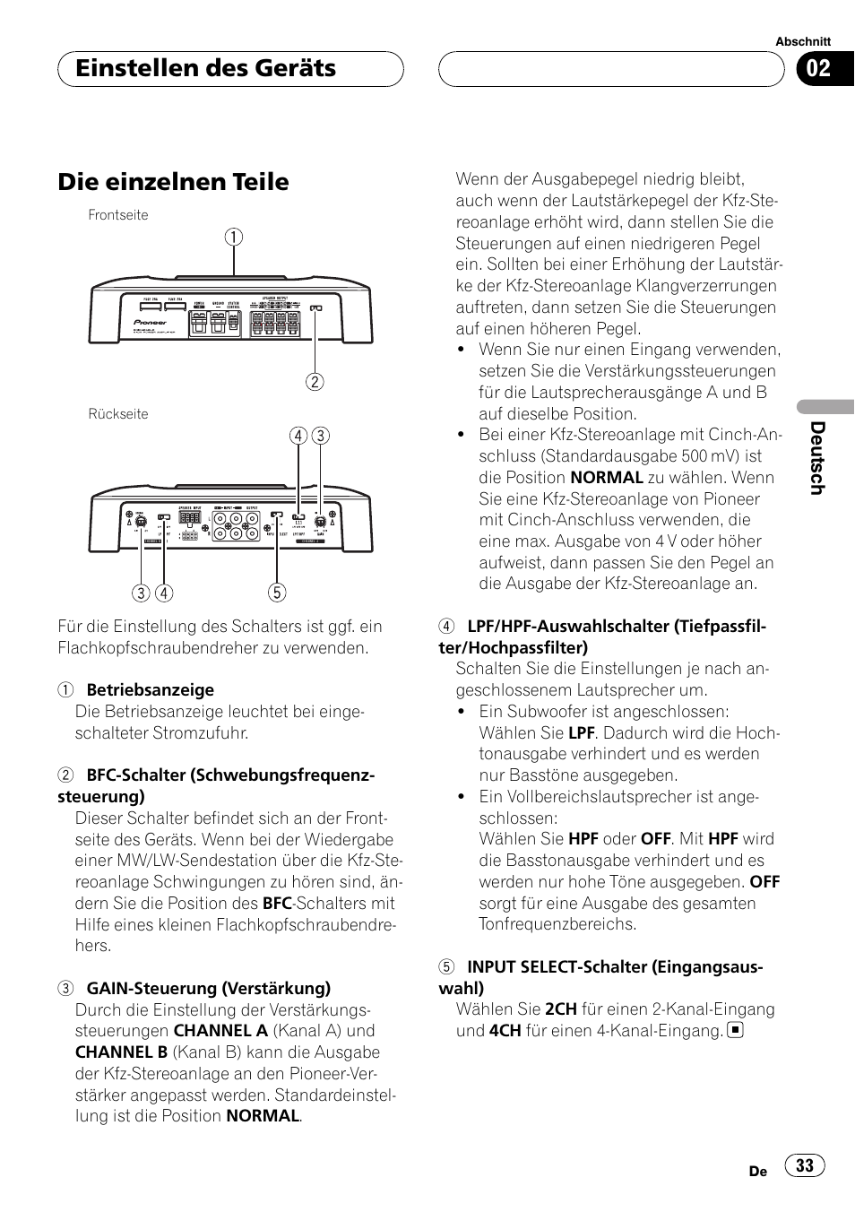 Einstellen des geräts die einzelnen teile, Die einzelnen teile, Einstellen des geräts | Pioneer GM-6400F User Manual | Page 33 / 104
