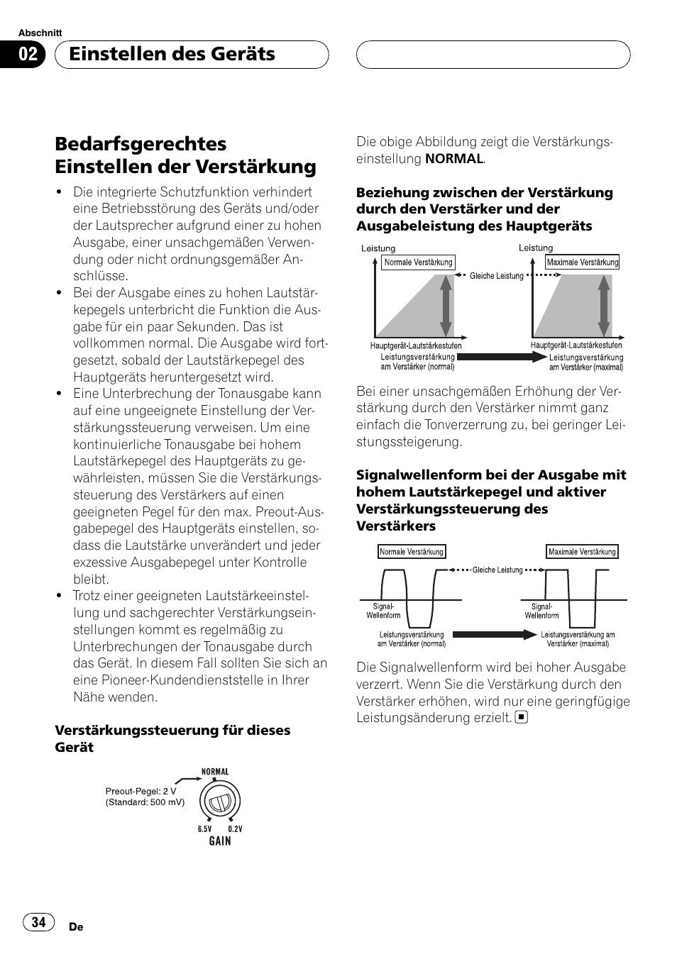 Bedarfsgerechtes einstellen der, Verstärkung, Bedarfsgerechtes einstellen der verstärkung | Einstellen des geräts | Pioneer GM-6400F User Manual | Page 34 / 104