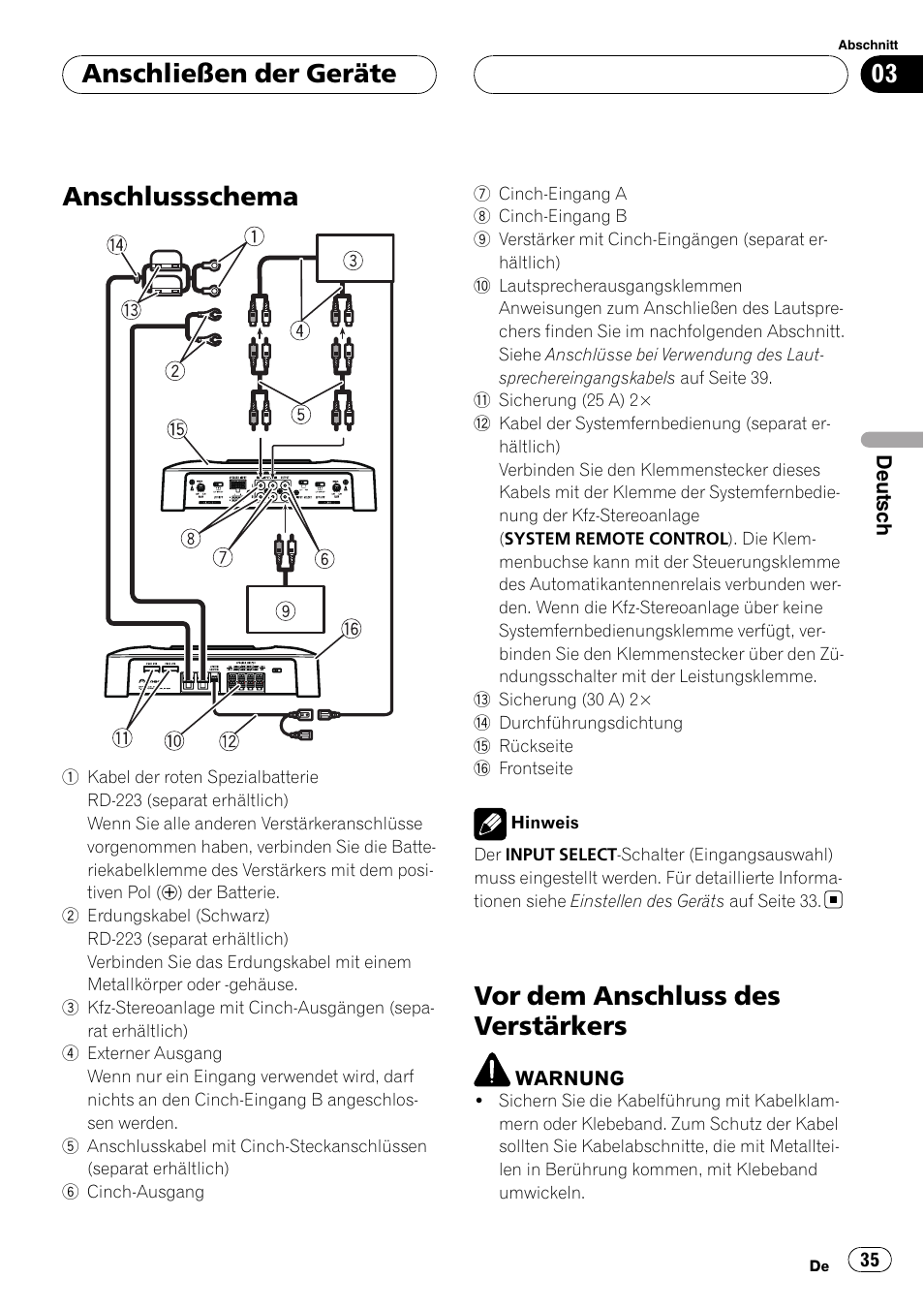 Anschließen der geräte anschlussschema, Vor dem anschluss des verstärkers, Anschlussschema | Anschließen der geräte | Pioneer GM-6400F User Manual | Page 35 / 104