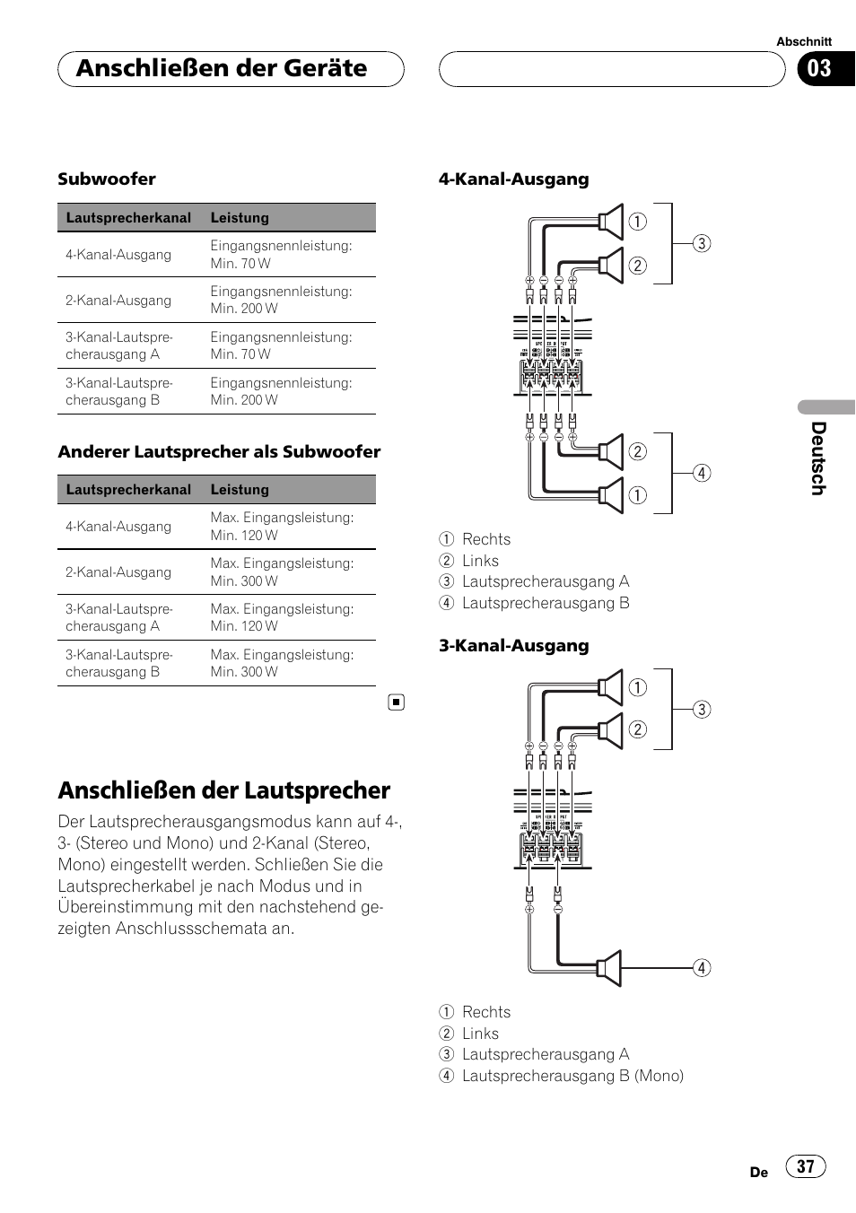 Anschließen der lautsprecher, Anschließen der geräte, Deutsch | Pioneer GM-6400F User Manual | Page 37 / 104