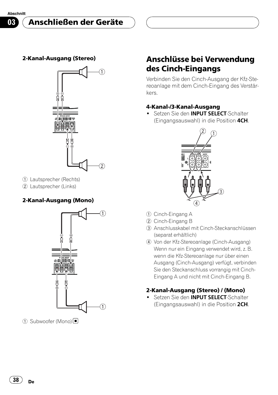 Anschlüsse bei verwendung des cinch, Eingangs, Anschlüsse bei verwendung des cinch-eingangs | Anschließen der geräte | Pioneer GM-6400F User Manual | Page 38 / 104