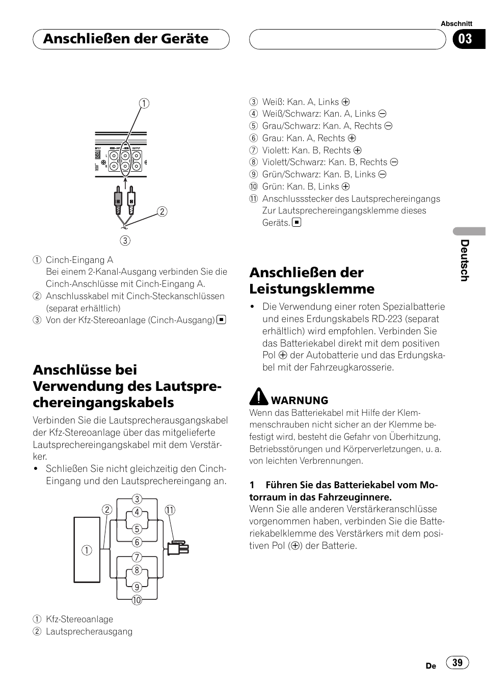 Anschlüsse bei verwendung des, Lautsprechereingangskabels, Anschließen der leistungsklemme | Anschließen der geräte | Pioneer GM-6400F User Manual | Page 39 / 104