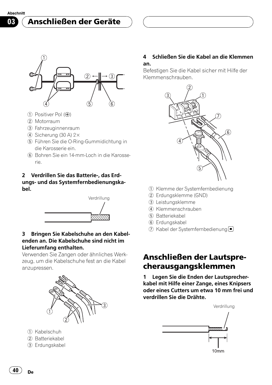 Anschließen der, Lautsprecherausgangsklemmen, Anschließen der lautspre- cherausgangsklemmen | Anschließen der geräte | Pioneer GM-6400F User Manual | Page 40 / 104
