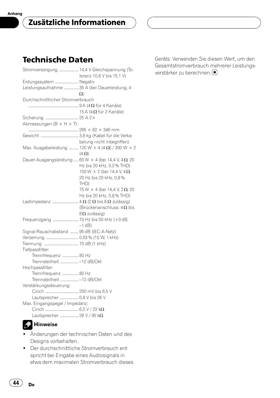 Zusätzliche informationen technische daten, Technische daten, Zusätzliche informationen | Pioneer GM-6400F User Manual | Page 44 / 104