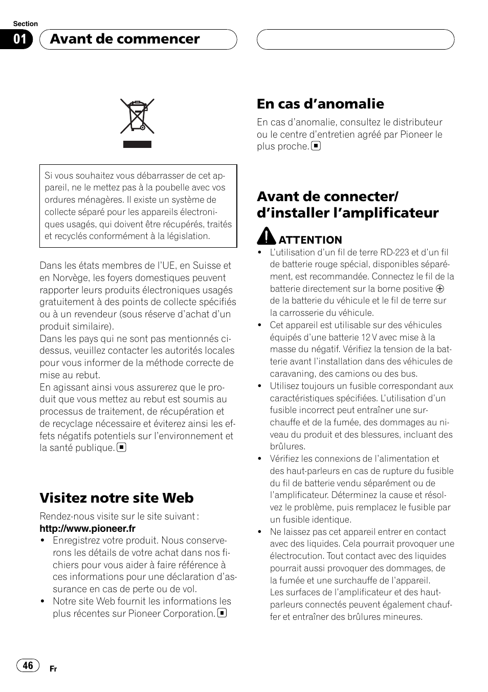 Avant de commencer, Visitez notre site web, En cas d | Anomalie 46, Avant de connecter/d, Installer, Amplificateur 46, En cas d ’anomalie, Avant de connecter/ d ’installer l’amplificateur | Pioneer GM-6400F User Manual | Page 46 / 104