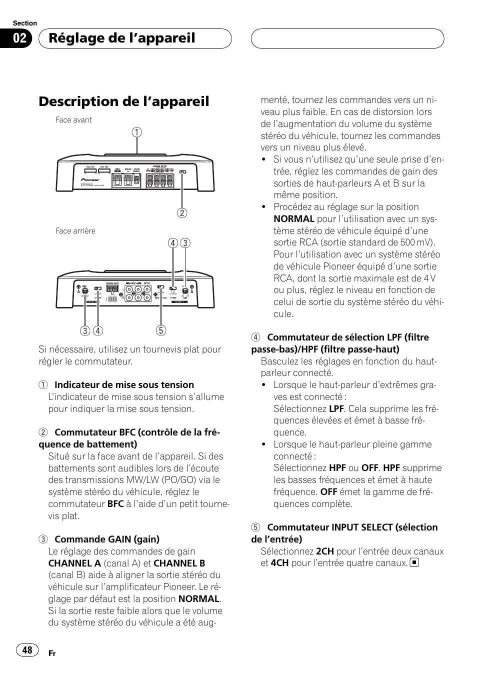Réglage de l, Appareil, Description de l | Appareil 48, Description de l ’appareil, Réglage de l ’appareil | Pioneer GM-6400F User Manual | Page 48 / 104