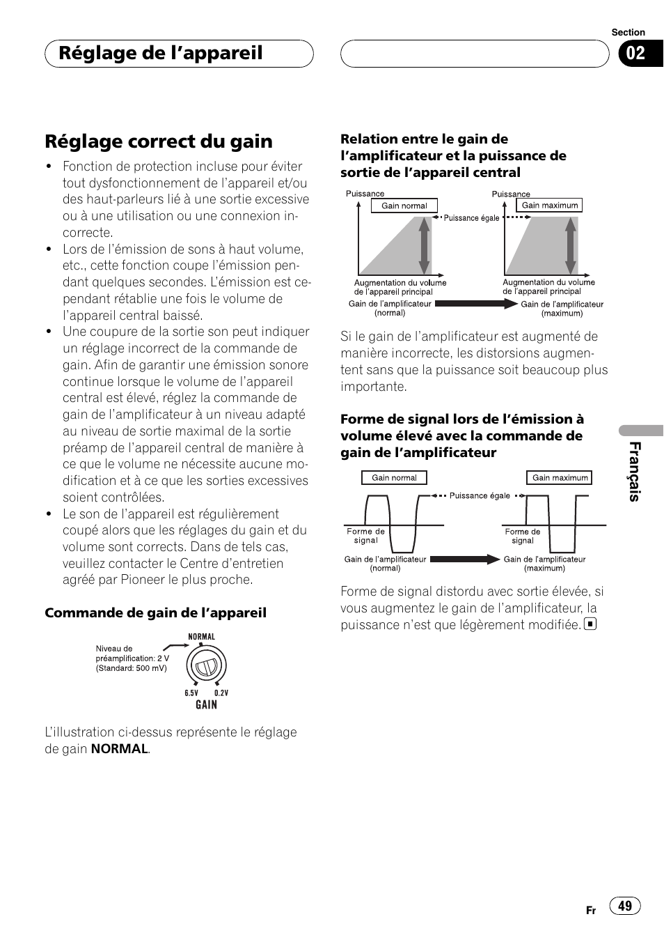 Réglage correct du gain, Réglage de l ’appareil | Pioneer GM-6400F User Manual | Page 49 / 104