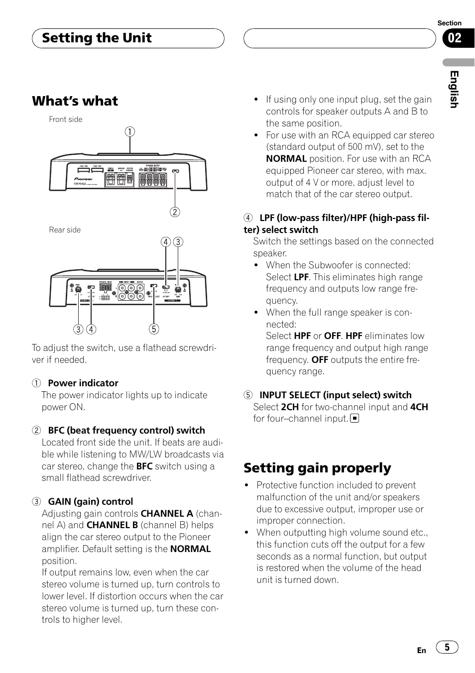 Setting the unit what, S what 5, Setting gain properly | What ’s what, Setting the unit | Pioneer GM-6400F User Manual | Page 5 / 104