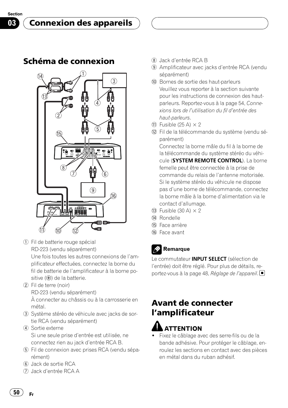 Connexion des appareils schéma de connexion, Avant de connecter l, Amplificateur 50 | Schéma de connexion, Avant de connecter l ’amplificateur, Connexion des appareils | Pioneer GM-6400F User Manual | Page 50 / 104