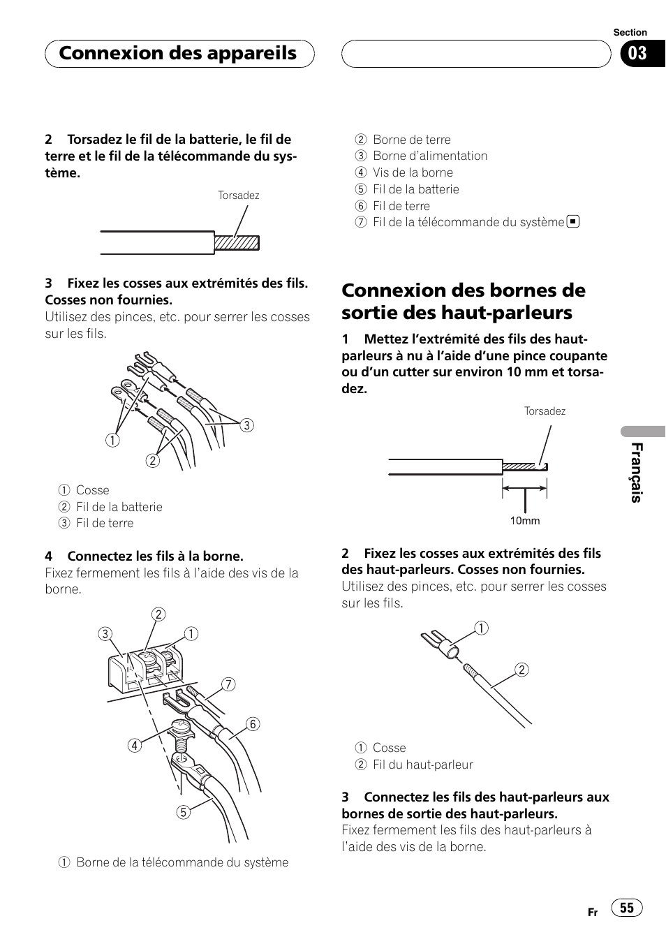 Connexion des bornes de sortie des haut, Parleurs, Connexion des bornes de sortie des haut-parleurs | Connexion des appareils | Pioneer GM-6400F User Manual | Page 55 / 104