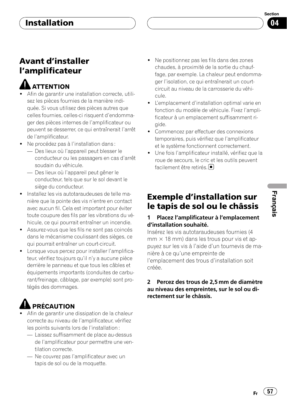 Installation avant d, Installer l’amplificateur 57, Exemple d | Installation sur le tapis de sol ou, Le châssis, Avant d ’installer l ’amplificateur, Installation | Pioneer GM-6400F User Manual | Page 57 / 104