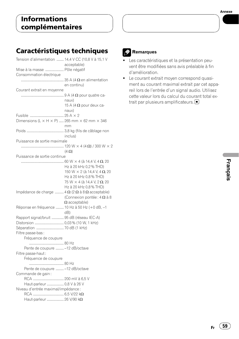 Caractéristiques techniques, Informations complémentaires, Français | Pioneer GM-6400F User Manual | Page 59 / 104