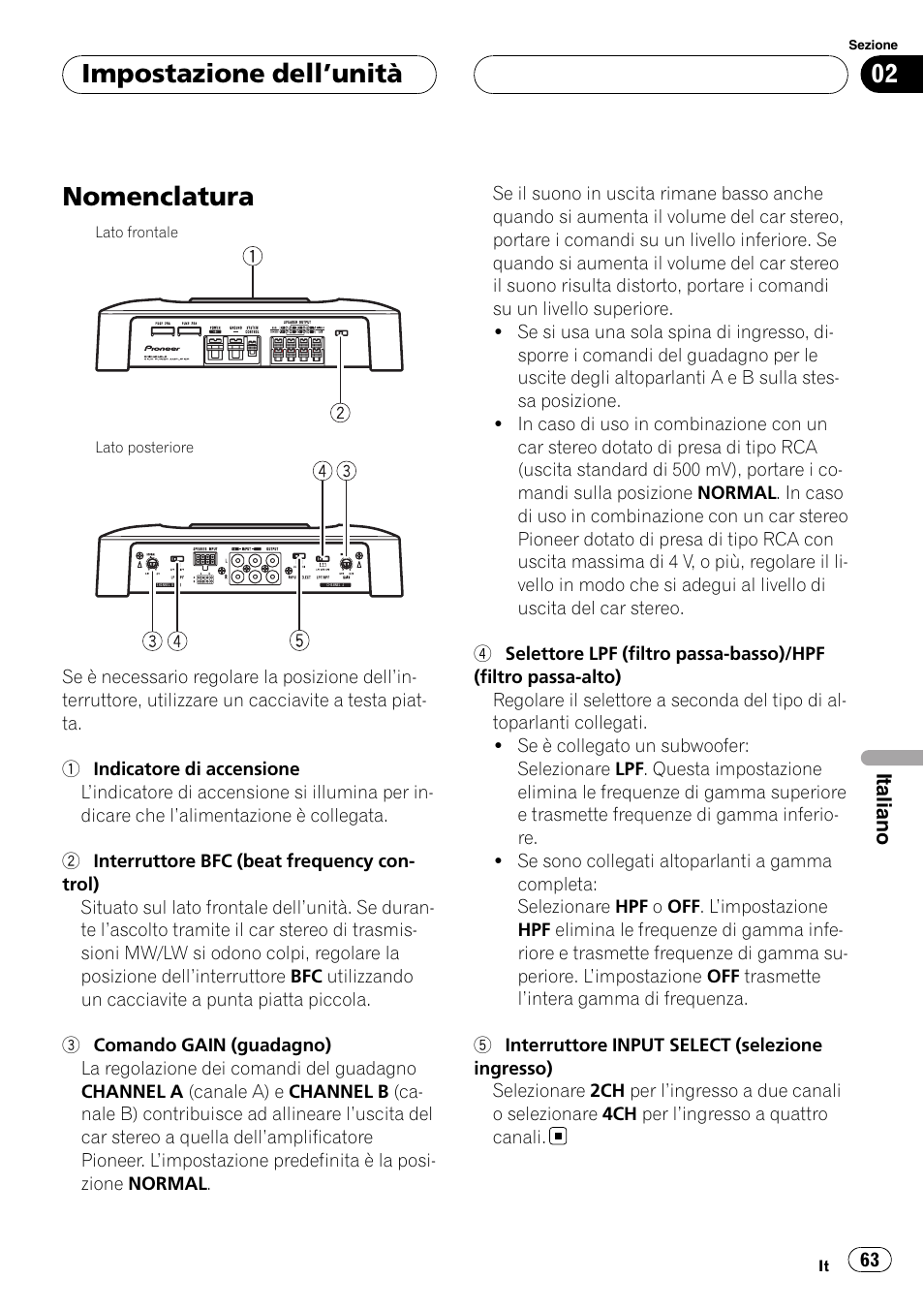 Impostazione dell, Unità, Nomenclatura | Impostazione dell ’unità | Pioneer GM-6400F User Manual | Page 63 / 104