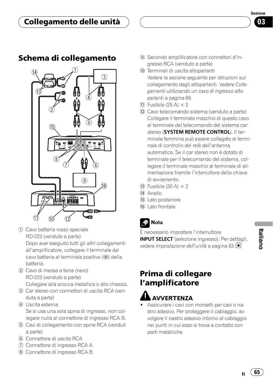 Collegamento delle unità schema di collegamento, Prima di collegare l, Amplificatore 65 | Schema di collegamento, Prima di collegare l ’amplificatore, Collegamento delle unità | Pioneer GM-6400F User Manual | Page 65 / 104