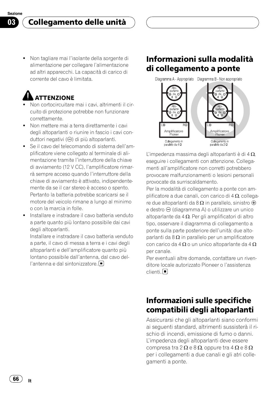 Informazioni sulla modalità di collegamento, A ponte, Informazioni sulle specifiche compatibili | Degli altoparlanti, Collegamento delle unità | Pioneer GM-6400F User Manual | Page 66 / 104