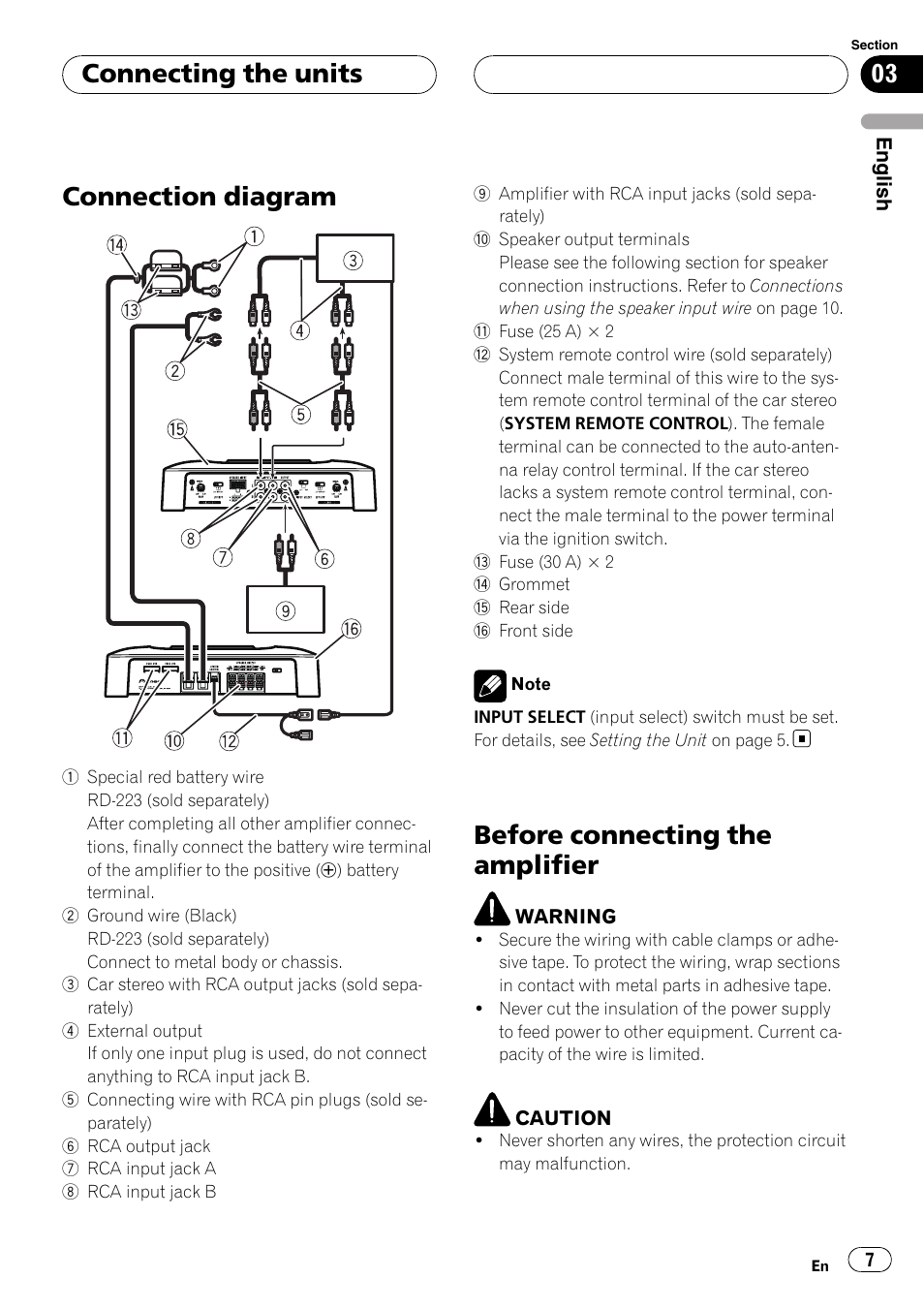 Connecting the units connection diagram, Before connecting the amplifier, Connection diagram | Connecting the units | Pioneer GM-6400F User Manual | Page 7 / 104